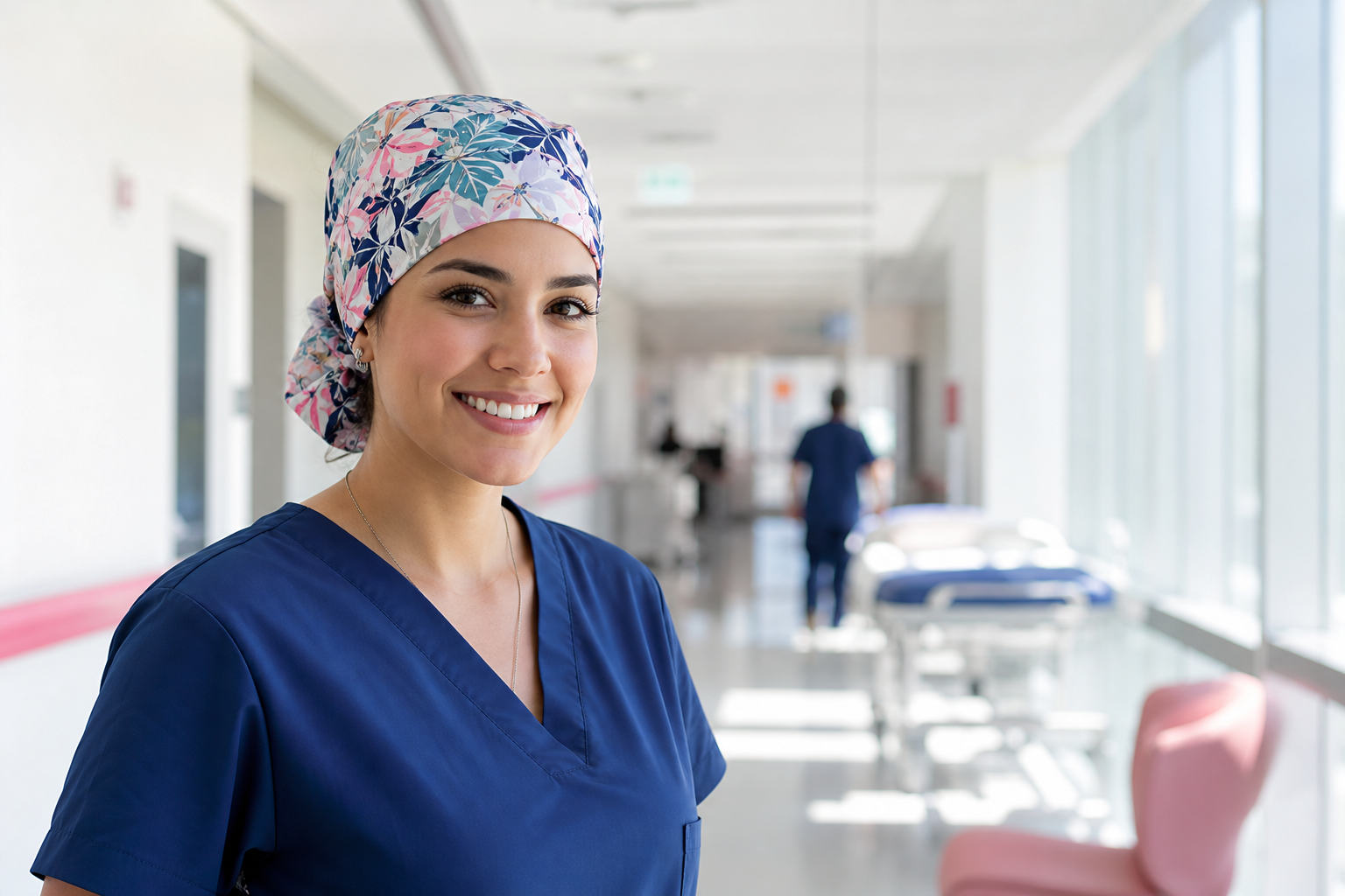 Profesional de salud con gorro estampado en clínica